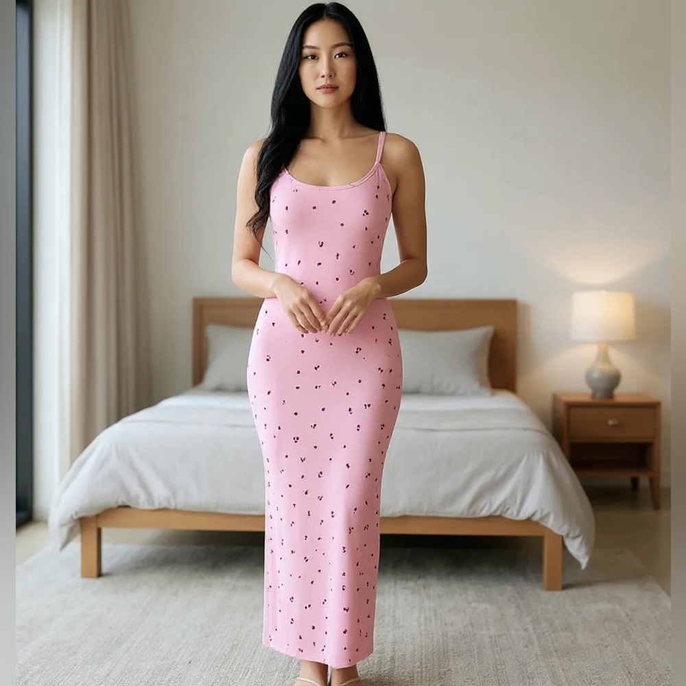Pink Cherry Blossom Print Full-Length Maxi Slip Lounge Dress Size Large